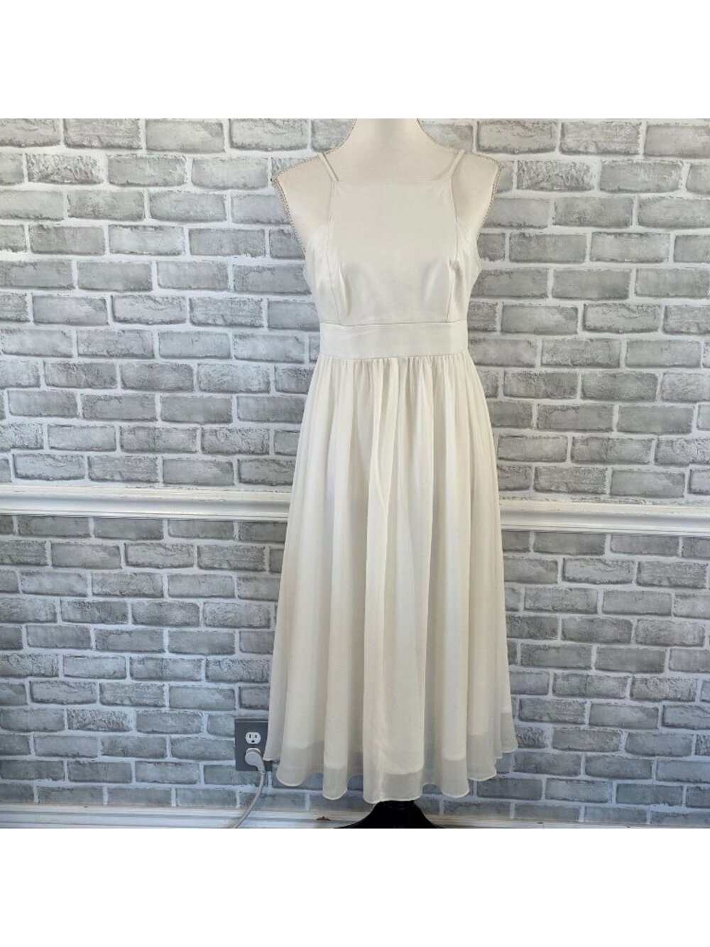 Banana Republic Ivory Lamb Leather Chiffon Midi Dress LWD Classic Luxury 8